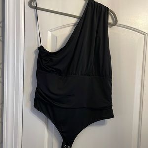 Body Contour Double Layer Ruched One Shoulder Thong Bodysuit - XL